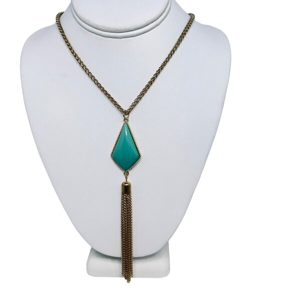 Gold Tone Double Curb Chain Necklace With Blue/Green Tassel Pendant (5450) - Picture 1 of 5